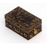 Japanese mixed metal and multi-patinated inlaid box, the hinged lid shows a bijin and her partner