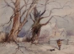 SIR CHARLES D'OYLEY JUNIOR (1822-1900) Winter scene with figure and dog watercolour, circa 1850 15 x