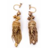 Pair of Etruscan style Victorian drop tassel earrings, screw fittings and stamped 15ct, 14.2gms