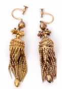 Pair of Etruscan style Victorian drop tassel earrings, screw fittings and stamped 15ct, 14.2gms