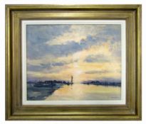 IAN HOUSTON, (born 1934) "The Sunrise Coast - The River Blyth at Southwold" mixed media on board,