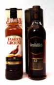 Glenfiddich single malt Scotch Whisky, Caoran Reserve, 12yo, 70cl in carton and The Famous Grouse