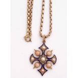 Antique blue enamel, pearl, coral and diamond set cross pendant featuring a central pearl surrounded