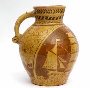 Interesting globular jug decorated in ochre slip with a nautical scene of a galleon with flags and a