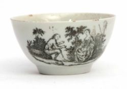 Liverpool (Chaffers) tea bowl, circa 1760, with an early Sadler print of a lady and gentleman in