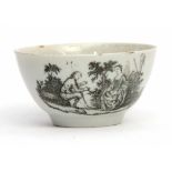 Liverpool (Chaffers) tea bowl, circa 1760, with an early Sadler print of a lady and gentleman in