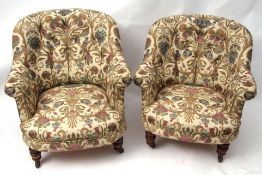 Pair of Victorian tub type armchairs, well upholstered in floral print with birds, foliage etc,