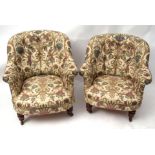 Pair of Victorian tub type armchairs, well upholstered in floral print with birds, foliage etc,