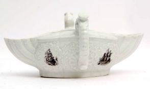 18th century Worcester two handled sauce boat circa 1756, the moulded body with smoky primitive