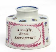 Rare Lowestoft inkwell circa 1790, with a Derby or Chantilly sprig design, inscribed "A trifle