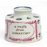 Rare Lowestoft inkwell circa 1790, with a Derby or Chantilly sprig design, inscribed "A trifle