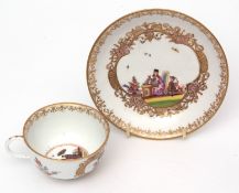 Meissen chinoiserie cup and saucer, possibly designed by J G Horoldt with chinoiserie figures in