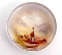 Early 20th century Royal Worcester pin dish decorated with pheasants against a mountainous landscape