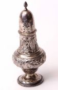 Edward VII table caster of typical baluster form with pierced pull off cover, cast and applied