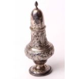 Edward VII table caster of typical baluster form with pierced pull off cover, cast and applied