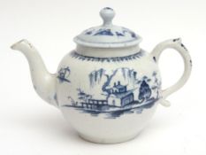 Lowestoft blue and white teapot with berry border above river island scene, Mark 3, chips to