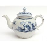 Lowestoft blue and white teapot with berry border above river island scene, Mark 3, chips to