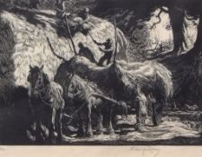 GEORGE SOPER (1870-1942) Unloading the haycart black and white etching, signed and number 3/50 in