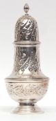 Elizabeth II table caster with pierced pull off cover and cast finial to a foliate embossed body