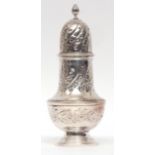 Elizabeth II table caster with pierced pull off cover and cast finial to a foliate embossed body