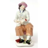 Fine Meissen figure of a pipe smoker in typical colours, the figure seated on a pink base with