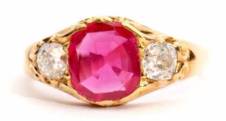 Ruby and diamond ring, the oval shaped ruby 0.83ct approx, flanked by two old cushion cut