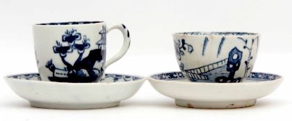 Group of Lowestoft miniature wares circa 1765-70, comprising a miniature cup and saucer decorated