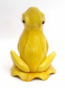 Large Burmantoft style model of a frog with gaping mouth seated on a lily pad decorated in a