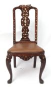 18th century walnut high-backed dining chair, profusely inlaid with ivory foliage, mask etc and with