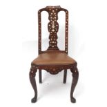 18th century walnut high-backed dining chair, profusely inlaid with ivory foliage, mask etc and with