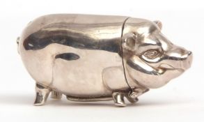 Unmarked white metal vesta case modelled in the form of a standing pig with hinged and sprung head