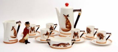 Royal Doulton coffee set decorated with foxes in various poses, the coffee pot with whip handle