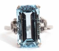 Precious metal aquamarine and diamond ring, the step-cut aquamarine set in a four-claw mount,