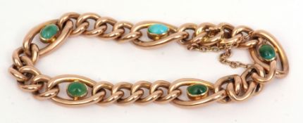 Edwardian 15ct gold curb link bracelet, set with five oval shaped turquoises, to a concealed box