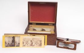 Late 19th century burr walnut cased stereoscopic viewer "The Stereoscopic Treasury", the hinged