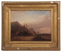 WILLIAM SHAYER (1788-1879) Coastal scene with fishing boats and fisher folk oil on canvas, signed
