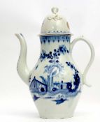 Lowestoft coffee pot and domed cover decorated in underglaze blue with a fence and trees and root