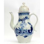 Lowestoft coffee pot and domed cover decorated in underglaze blue with a fence and trees and root