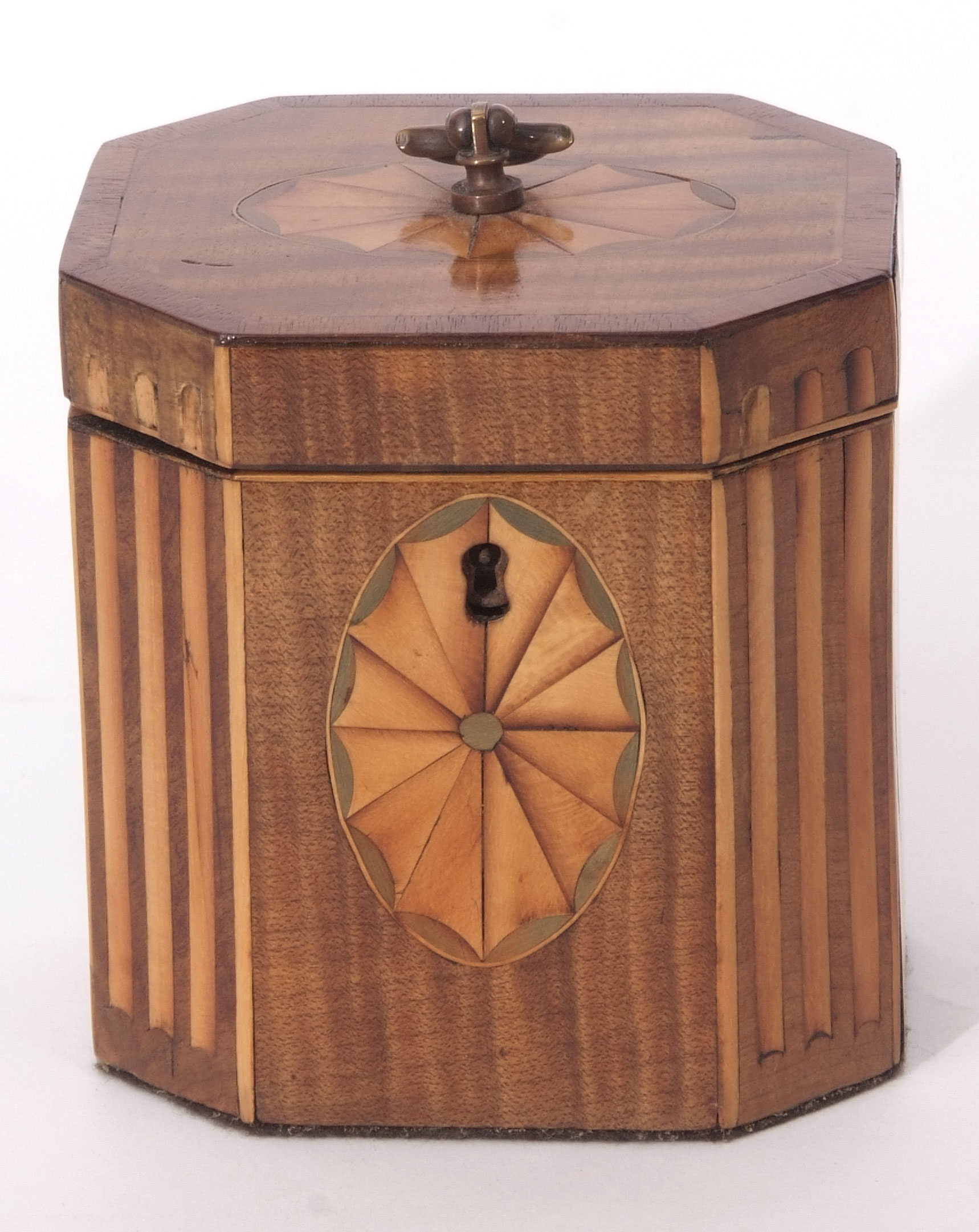 Sheraton style mahogany small tea caddy of octagonal form, inlaid with typical roundels, void