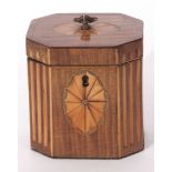 Sheraton style mahogany small tea caddy of octagonal form, inlaid with typical roundels, void