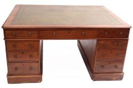 19th century mahogany partner's desk with gilt tooled writing inset, the frieze fitted on either