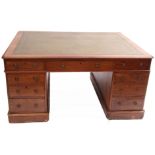 19th century mahogany partner's desk with gilt tooled writing inset, the frieze fitted on either