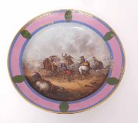 Meissen charger, the centre painted with a battle scene within a pink and blue gilt scroll border