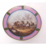 Meissen charger, the centre painted with a battle scene within a pink and blue gilt scroll border