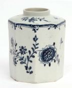 Lowestoft tea caddy circa 1765, of octagonal form, painted in underglaze blue with flower heads