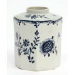 Lowestoft tea caddy circa 1765, of octagonal form, painted in underglaze blue with flower heads