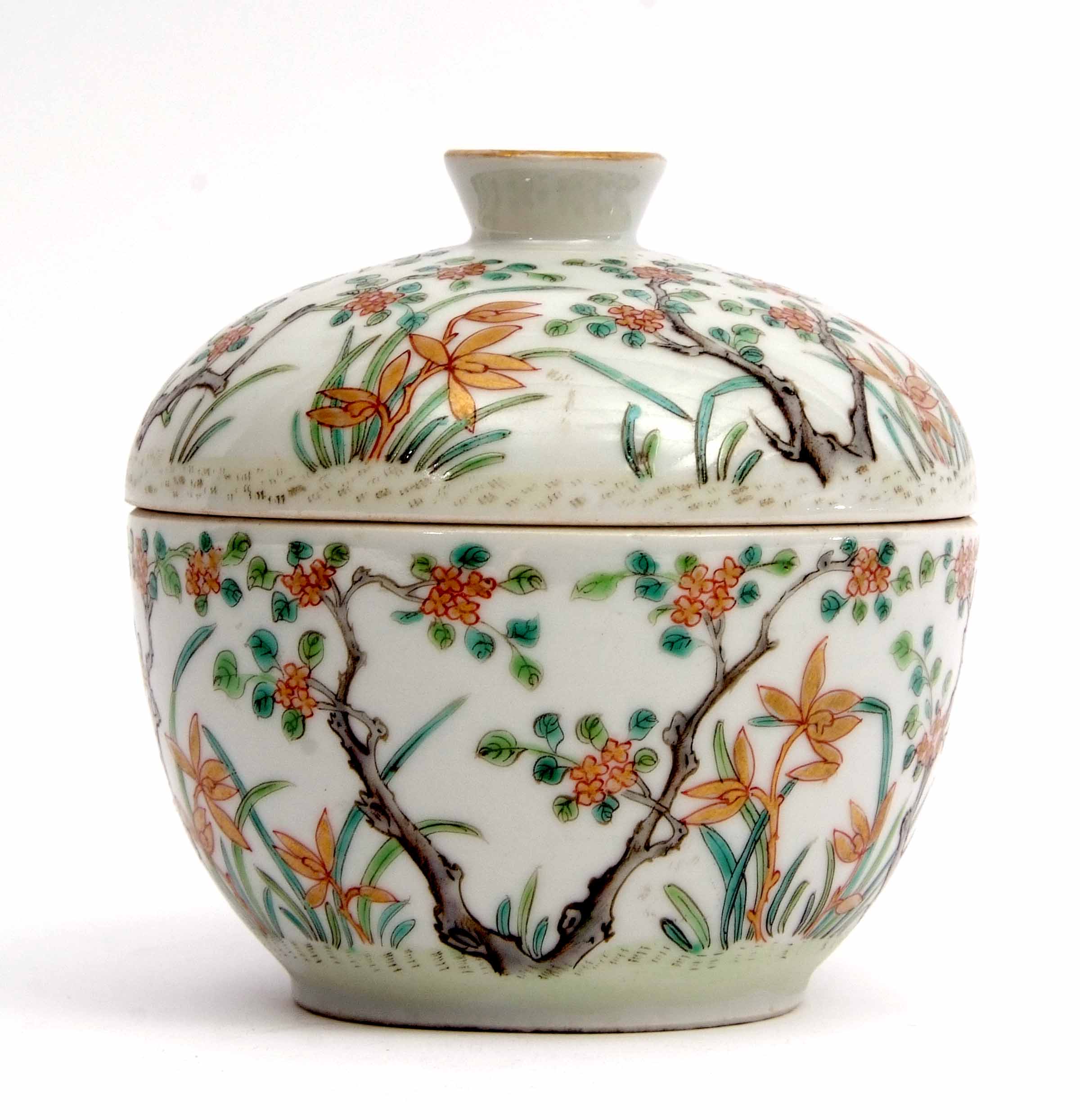 Chinese porcelain enamelled bowl with prunus and flowering plants in a famille vert and gilt design,