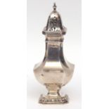 George V table caster of square baluster form with pierced pull off cover, cast and applied finial