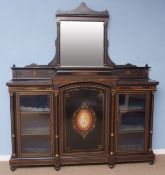 Victorian aesthetic period ebonised mirror back credenza, inlaid throughout with boxwood stringing