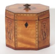 Sheraton style satinwood tea caddy of octagonal form, the interior with single compartment, inlaid
